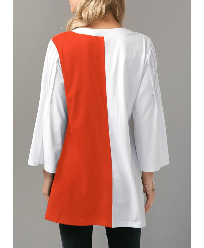 Orange Pleated Three Quarter Sleeve Button Up Blouse